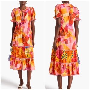 Farm Rio Printed Embellished Swiss-dot Cotton Midi Dress Size Small Tropical